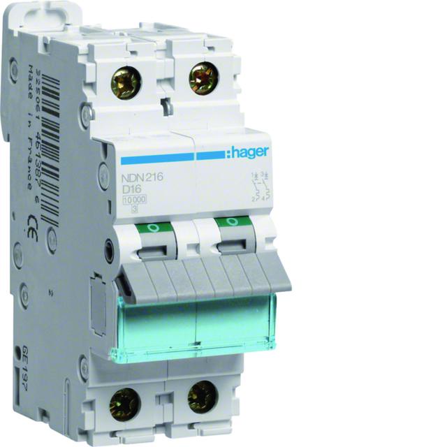MCB Wyłącznik nadprądowy 10kA/15kA 2P D 16A NDN216 HAGER