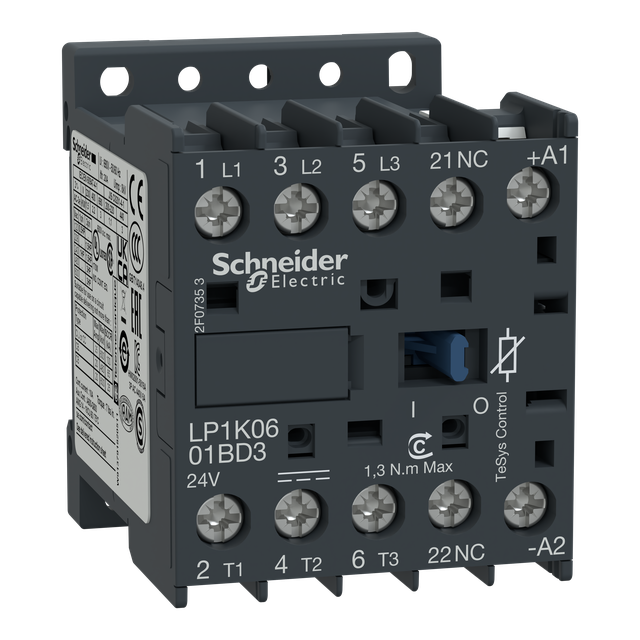 Stycznik mocy, TeSys K, 6A, 3P, 1NC, cewka 24VDC, zaciski skrzynkowe LP1K0601BD3