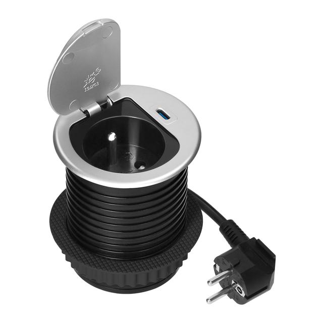 Gniazdo meblowe O6cm wpuszczane w blat z pokrywką, ładowarką USB i przewodem 1,9m, 1x2P+Z (French),