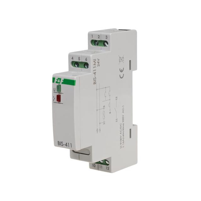 Przekaźnik bistabilny z pamięcią 9-30 V AC/DC montaż na szynie DIN z przekaźnikiem inrush 160A/20ms BIS-411M-LED-24V F&F