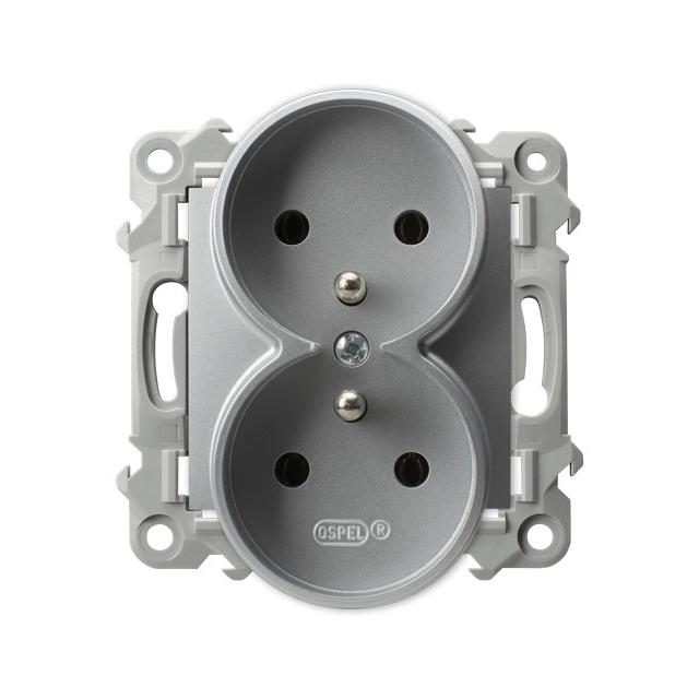 SZAFIR Gniazdo podwójne z uziemieniem moduł bez ramki - kolor srebro