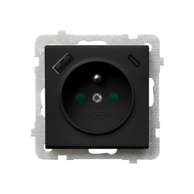 SONATA Gniazdo pojedyncze z uziemieniem z przesłonami torów prądowych z ładowarką USB A+C kolor czarny metalik GP-1RZPUSBAC/m/33 OSPEL