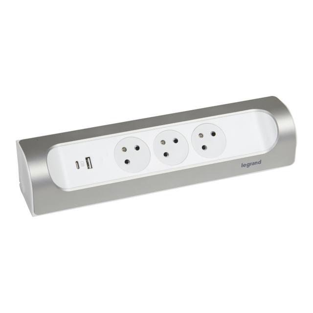 PRZEDŁUŻACZ NAROŻNY 3X2P+Z, USB A+C, BEZ PRZEWODU (WIELOGNIAZDOWY BLOK PRZENOŚNY) - BIAŁY/ALUMINIUM,