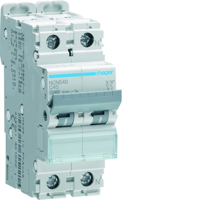 MCB Wyłącznik nadprądowy 10kA/15kA 1P+N C 40A NCN540 HAGER