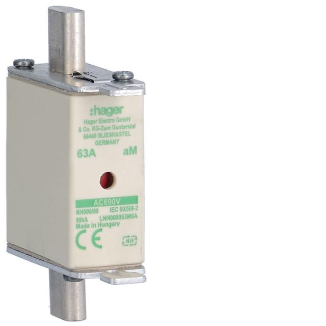 Wkładka bezp. nożowa NH000 wsk.podw. uchwyt nieiz. aM 63A 690VAC LNH000063M6A HAGER