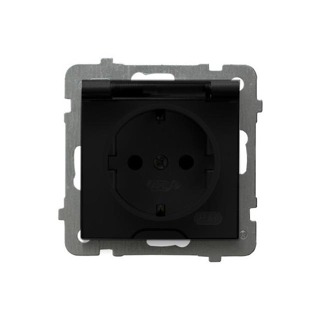 AS Gniazdo bryzgoszczelne z uziemieniem schuko IP-44 wieczko przezroczyste - kolor czarny metalik