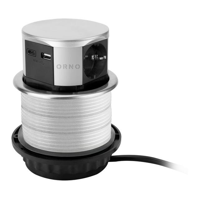 Gniazdo meblowe O10cm wysuwane z blatu z ładowarką USB i przewodem 1,5m, 3x2P+Z (Schuko), 2xUSB (typ