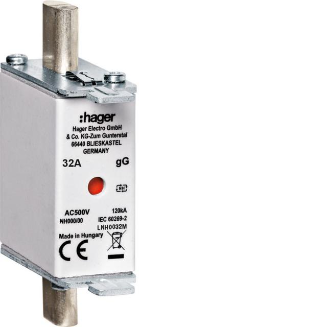 Wkładka bezp. nożowa NH000 wsk.podw. uchwyt nieiz. gG 32A 500VAC LNH0032M HAGER