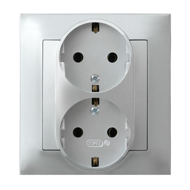 IMPRESJA Gniazdo podwójne z uziemieniem schuko kompletne z ramką - kolor srebro
