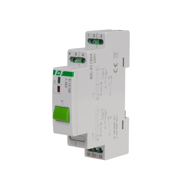 Przekaźnik bistabilny z przyciskiem do sterowania ręcznego i z pamięcią montaż na szynie DIN 230V BIS-411BM F&F