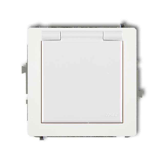 DECO Mechanizm gniazda bryzgoszczelnego z uziemieniem SCHUKO 2P+Z (klapka biała, przesłony torów prą
