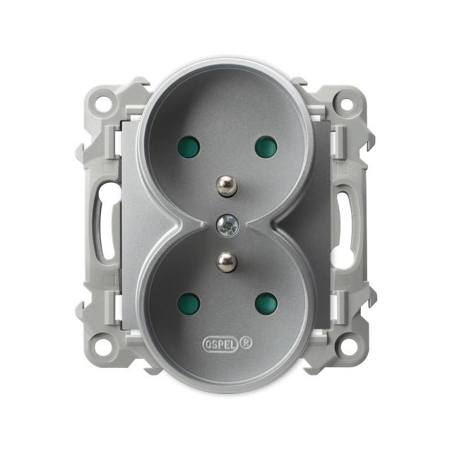 SZAFIR Gniazdo podwójne z uziemieniem z przesłonami torów prądowych, moduł bez ramki - kolor srebro