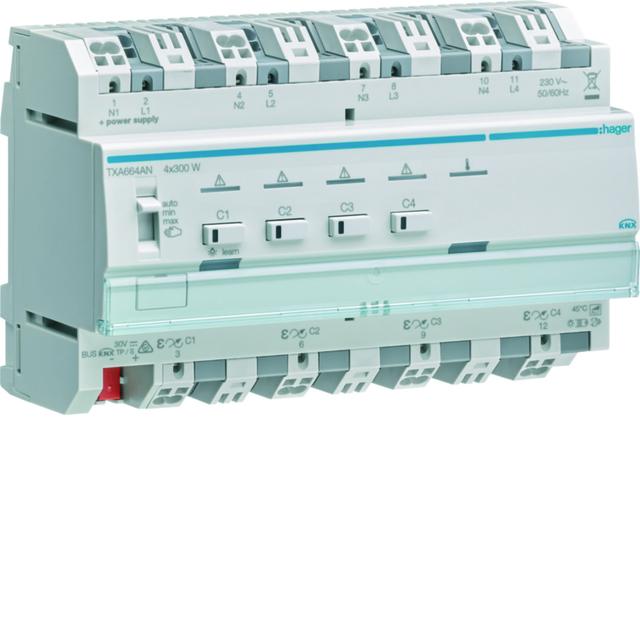 KNX e/s Ściemniacz uniwersalny 4-kan 4x300 W wielofazowy f. sumowania obc. TXA664AN HAGER