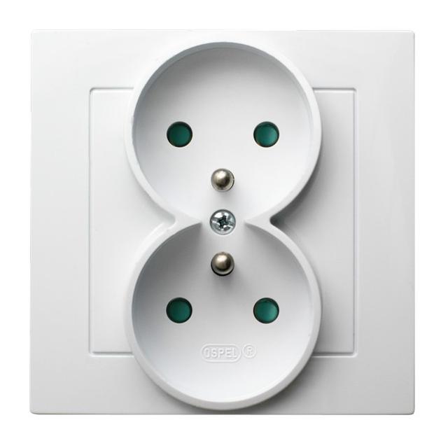 AS Gniazdo podwójne z uziemieniem z przesłonami torów prądowych, kompletne z ramką - kolor biały