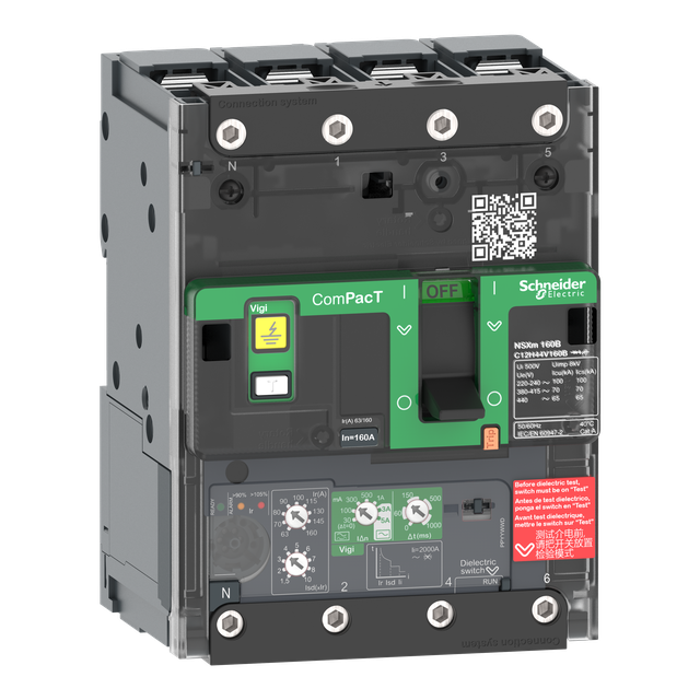 Wyłącznik mocy ComPacT NSXm Mic4.1H 160A 4P 70kA Vigi zaciskane końcówki kablowe C12H44V160B Schneider