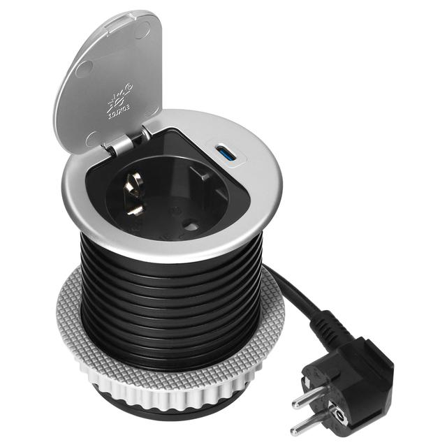 Gniazdo meblowe O6cm wpuszczane w blat z pokrywką, ładowarką USB i przewodem 1,9m, 1x2P+Z (Schuko),