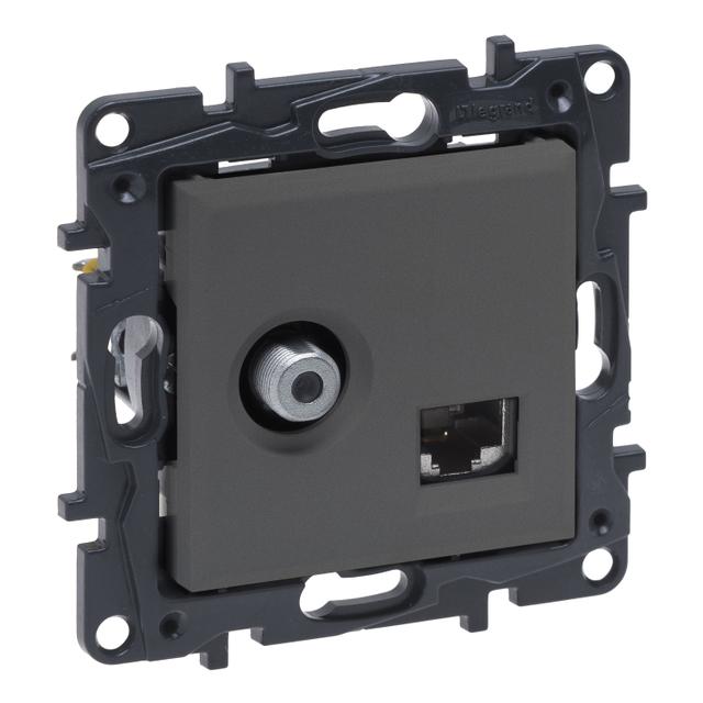 Niloe Step - Gniazdo Tv Typu ''F'' Końcowe Do Instalacji Typu Gwiazda 1,5 Db + Rj 45 Kat. 6 Utp- Kolor Stalowy 863477 LEGRAND