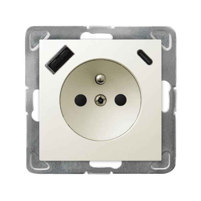 Gniazdo pojedyncze z uziemieniem z ładowarką A+C IMPRESJA ECRU