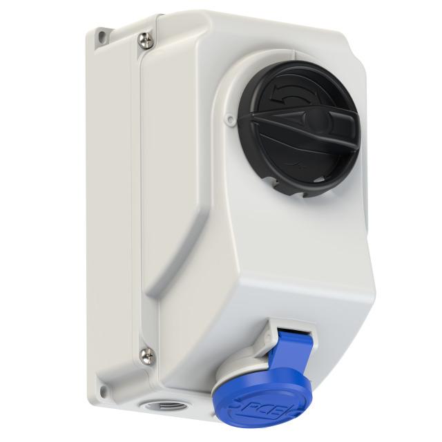 GNIAZDO Z WYŁĄCZNIKIEM 0-1 DUŻE BLOKADA MECHANICZNA 16A 230V 2P+Z IP44 IP44