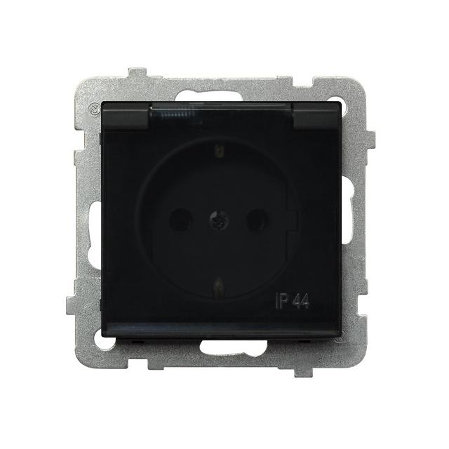 SONATA Gniazdo bryzgoszczelne z uziemieniem schuko IP44 klapka przezroczysta kolor czarny metalik GPH-1RS/m/33/d OSPEL
