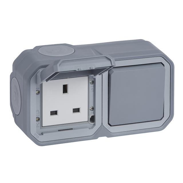 NOWE PLEXO - GN. BRYTYJSKIE 2P+Z + ŁĄCZ. SCHODOWY NATYNKOWE 16A- 250V~ SZARE
