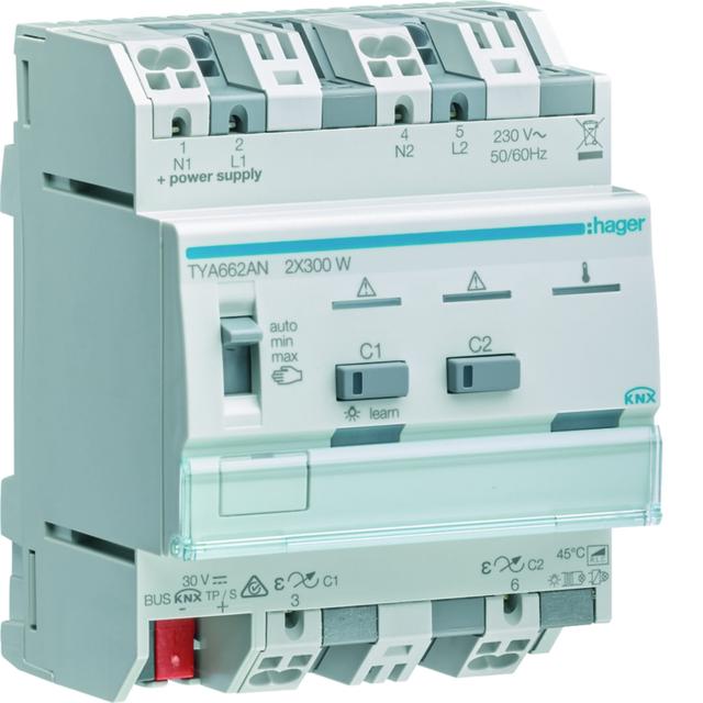 KNX system Ściemniacz uniwersalny 2-kan 2x300 W wielofazowy f. sumowania obc. TYA662AN HAGER