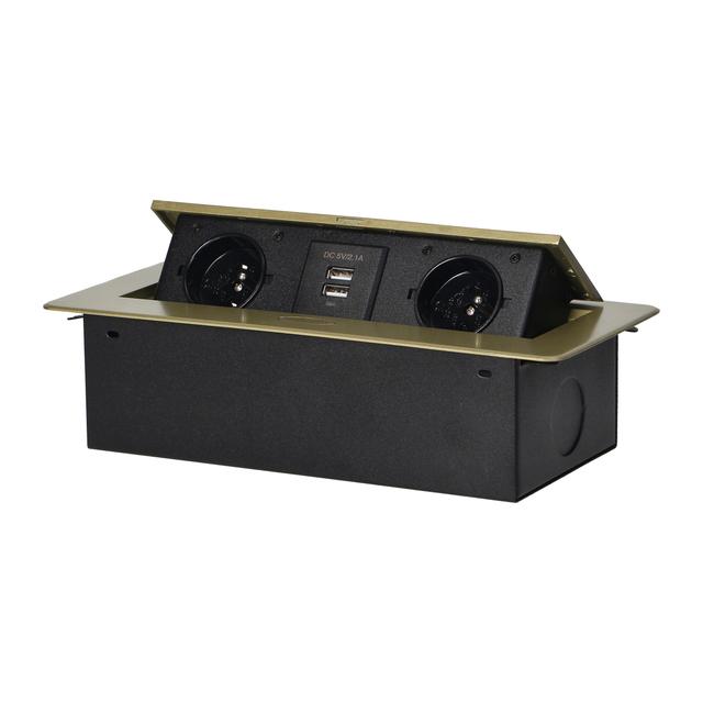 Gniazdo meblowe wpuszczane w blat z płaskim frezowanym rantem i ładowarką USB 2x2P+Z 2xUSB mosiąd OR