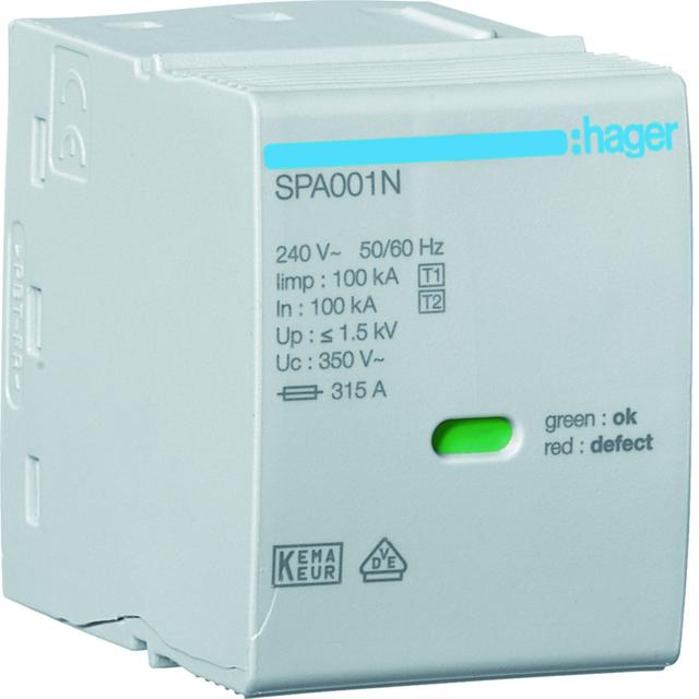 SPD Moduł T1 1P sieć TT(N-PE) Iimp=100kA In=100kA Up?1,5kV SPA001N HAGER