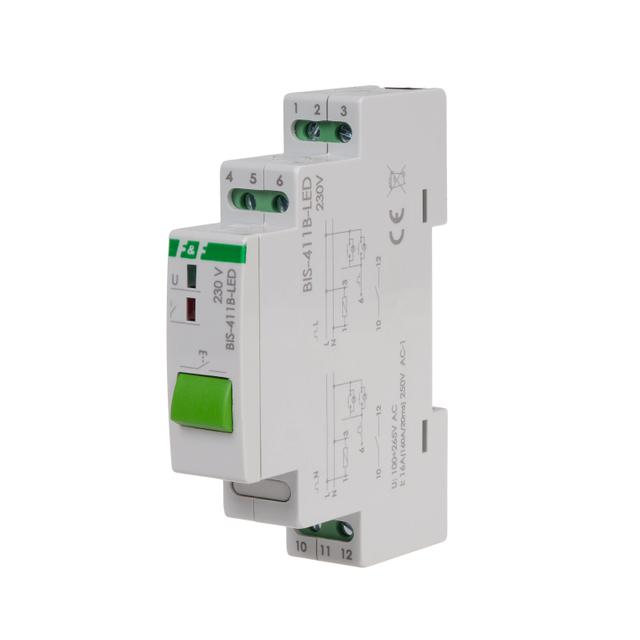 Przekaźnik bistabilny z przyciskiem do sterowania ręcznego na szynę DIN z przekaźnikiem inrush 160A/20ms BIS-411B-LED F&F