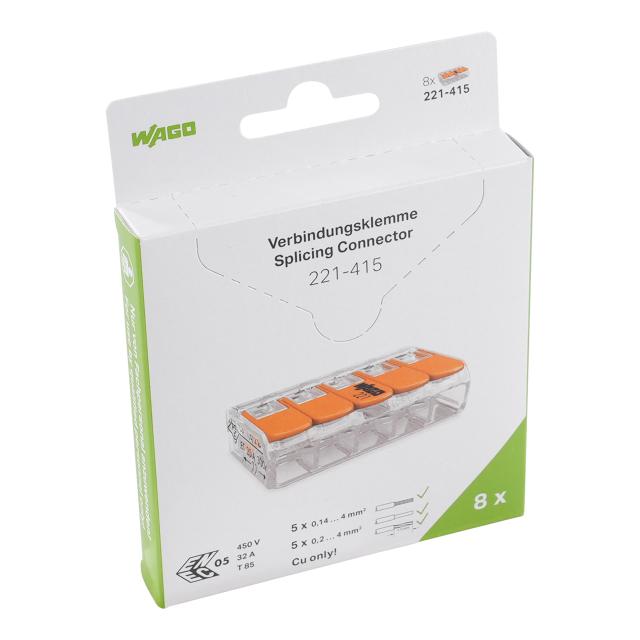 Szybkozłączka z dźwignią 5x 0,2‑4mm2 transparentna / pomarańczowa 221‑415, 221‑415/995‑008 /8szt./ WAGO