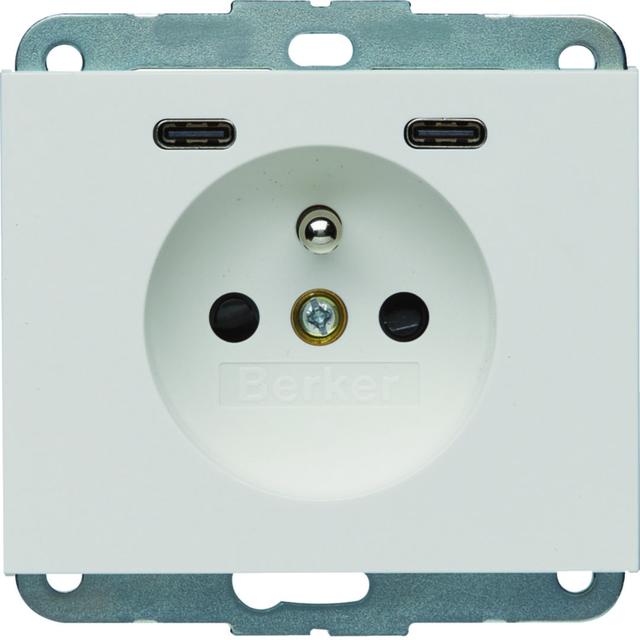 K.1 Gniazdo z uziemieniem z ładowarką USB C+C 20W PD, biały połysk 48167009 HAGER