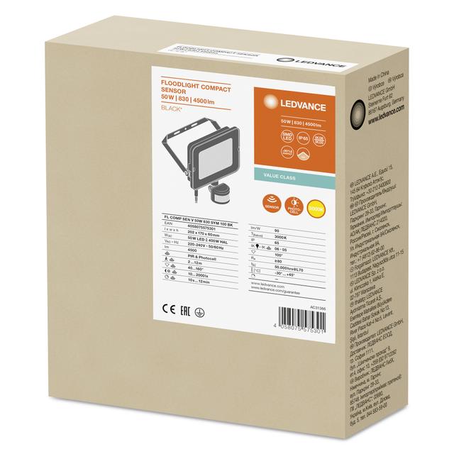 Naświetlacz LED FLOOD COMPACT SENSOR V 50W 830 SYM 100 BK 4058075575301 LEDVANCE