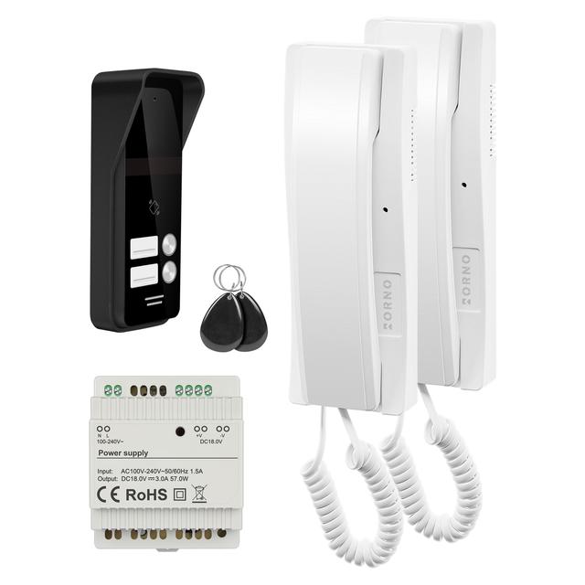 ENIR MULTI, zestaw domofonowy dwurodzinny, 2-żyłowy, zasilacz na szynę DIN, z czytnikiem breloków, b