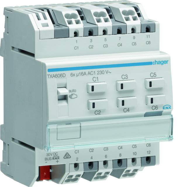 KNX e/s Sterownik załączający/żaluzjowy obciążenie pojemnościowe 16 A 6-/3-kr TXA606D HAGER