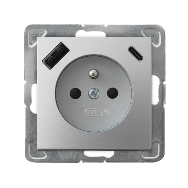 Gniazdo pojedyncze z uziemieniem z ładowarką A+C IMPRESJA SREBRO
