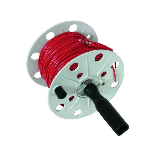 Bęben na przewód pomiarowy szer. 80 mm, przewód czerwony 100 m, tworzywo kolor szary