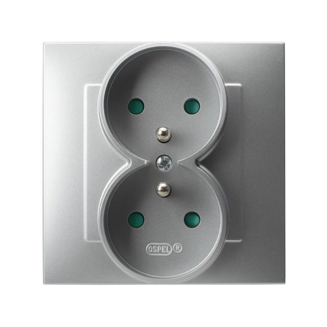 SZAFIR Gniazdo podwójne z uziemieniem z przesłonami torów prądowych, kompletne z ramką - kolor srebr