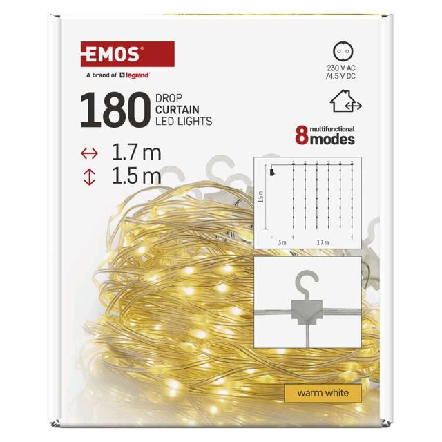 Lampki świąteczne 180 LED nano kurtyna 1,7x1,5m ciepła biel 8 programów IP44 D3EW02 EMOS