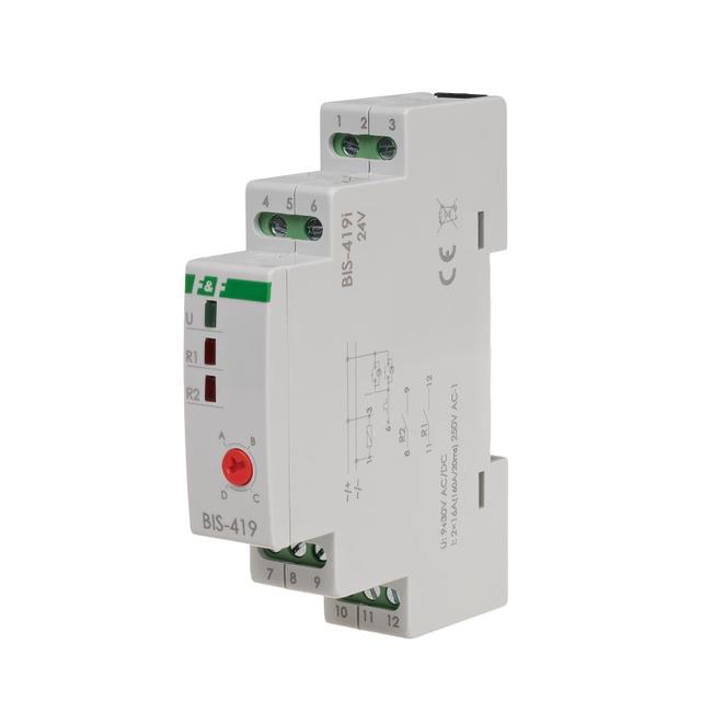 Przekaźnik bistabilny 9-30 V AC/DC 4 funkcyjny DIN dwa obwody sterowania z przekaźnikiem inrush 160A/20ms BIS-419-LED-24V F&F