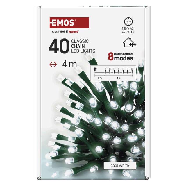 Lampki choinkowe Classic 40 LED 4m zimna biel zielony przewód IP44 8 programów timer D4AC21 EMOS