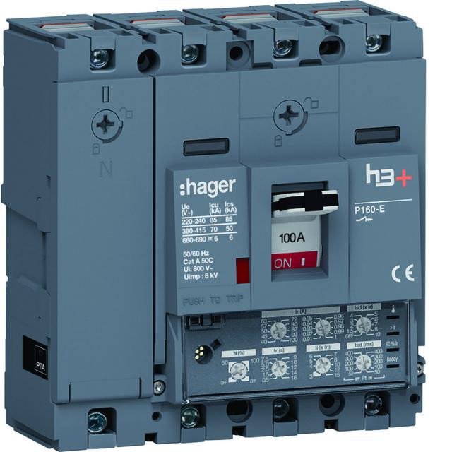 MCCB Wyłącznik mocy h3+ P160 4P 100A 70kA LSI HES101JC HAGER