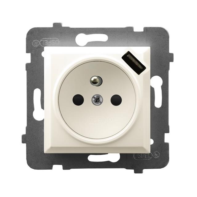 ARIA Gniazdo pojedyncze z uziemieniem z przesłonami torów prądowych, z ładowarką USB - kolor ecru