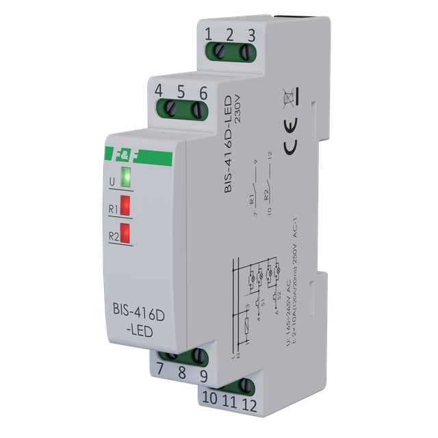 Przekaźnik bistabilny 2 kanałowy on/off Un=230V,I=2x10A InRush(120A/20ms) styki 2xNO,1S DIN BIS-416D-LED F&F