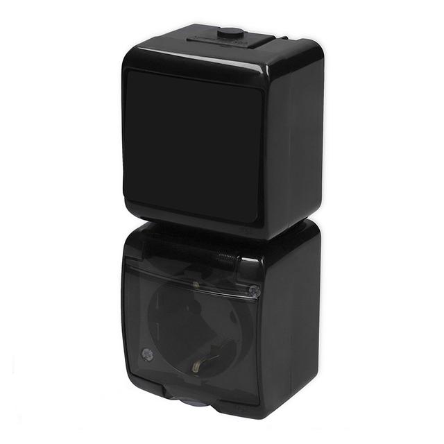 JUNIOR Łącznik jednobiegunowy z gniazdem pojedynczym z uziemieniem SCHUKO 2P+Z (klapka dymna; przesł