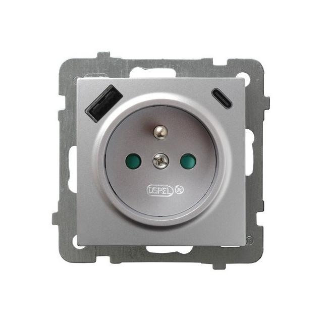 Gniazdo pojedyncze z uziemieniem z ładowarką A+C AS SREBRO