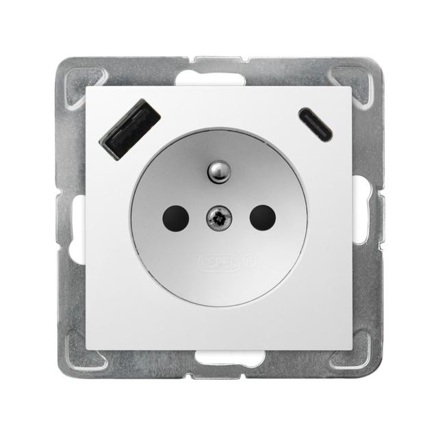 Gniazdo pojedyncze z uziemieniem z ładowarką A+C IMPRESJA BIAŁY