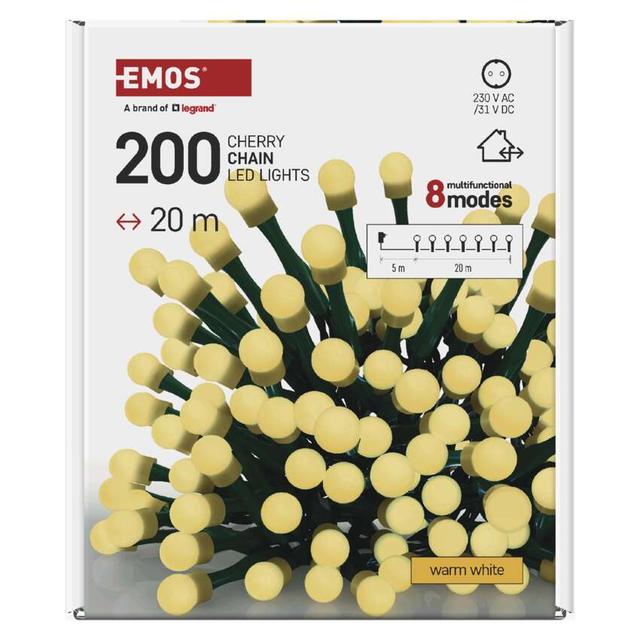 Lampki choinkowe 200 LED cherry 20m ciepła biel zielony przewód IP44 8 programów timer D5AW23 EMOS