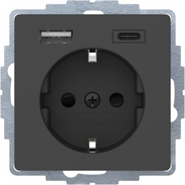 Berker Q.x Gniazdo SCHUKO z ładowarką USB A+C 2.4/3.0A samozaciski antracyt aksamit HAGER