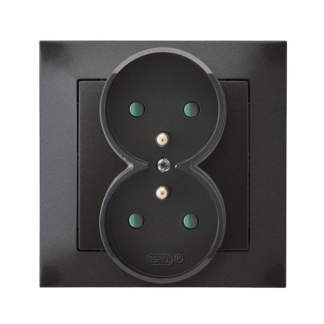 IMPRESJA Gniazdo podwójne z uziemieniem z przesłonami torów prądowych, kompletne z ramką - kolor ant