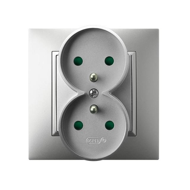 ARIA Gniazdo podwójne z uziemieniem z przesłonami torów prądowych, kompletne z ramką - kolor srebro